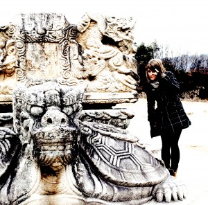 Asian self- photo with incredibly awesome dragon turtle grave for some ancient monk.  